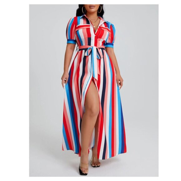 SHEIN VCAY Rainbow Striped Flap Pocket Belted Shirt Dress, Women, Small - Picture 4 of 5